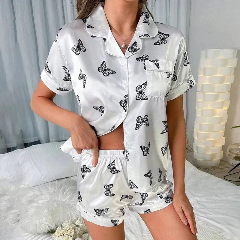 100% Mulberry Silk  Luxury Butterfly Short  Silk Pajamas Set Sleepwear For Women