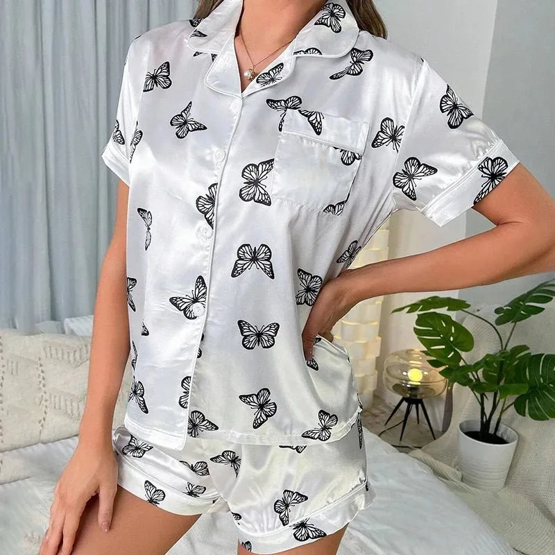 100% Mulberry Silk  Luxury Butterfly Short  Silk Pajamas Set Sleepwear For Women