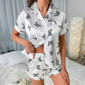 100% Mulberry Silk  Luxury Butterfly Short  Silk Pajamas Set Sleepwear For Women