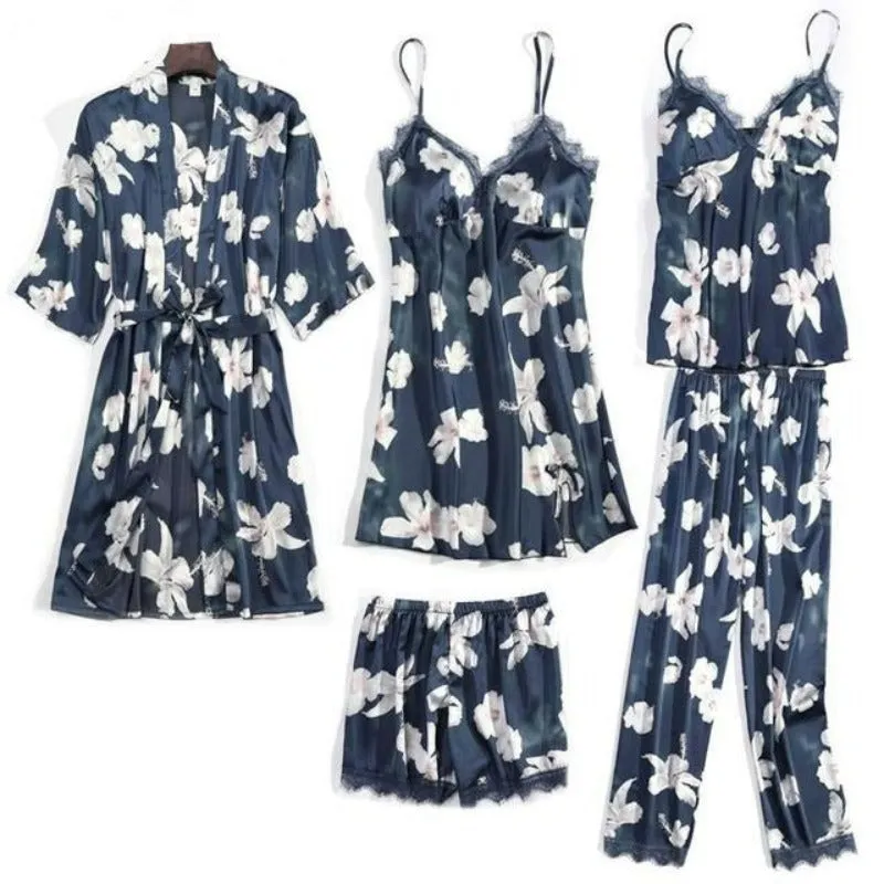 5 Pieces Satin Printed Pajama Set