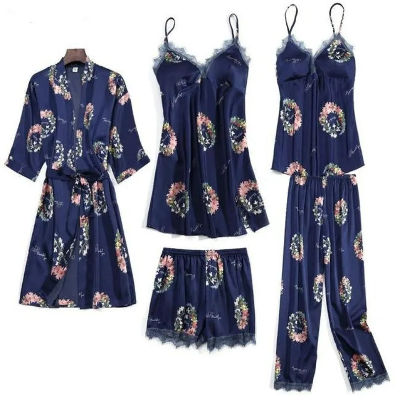 5 Pieces Satin Printed Pajama Set