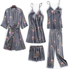 5 Pieces Satin Printed Pajama Set