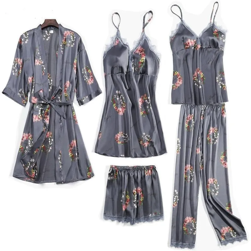 5 Pieces Satin Printed Pajama Set