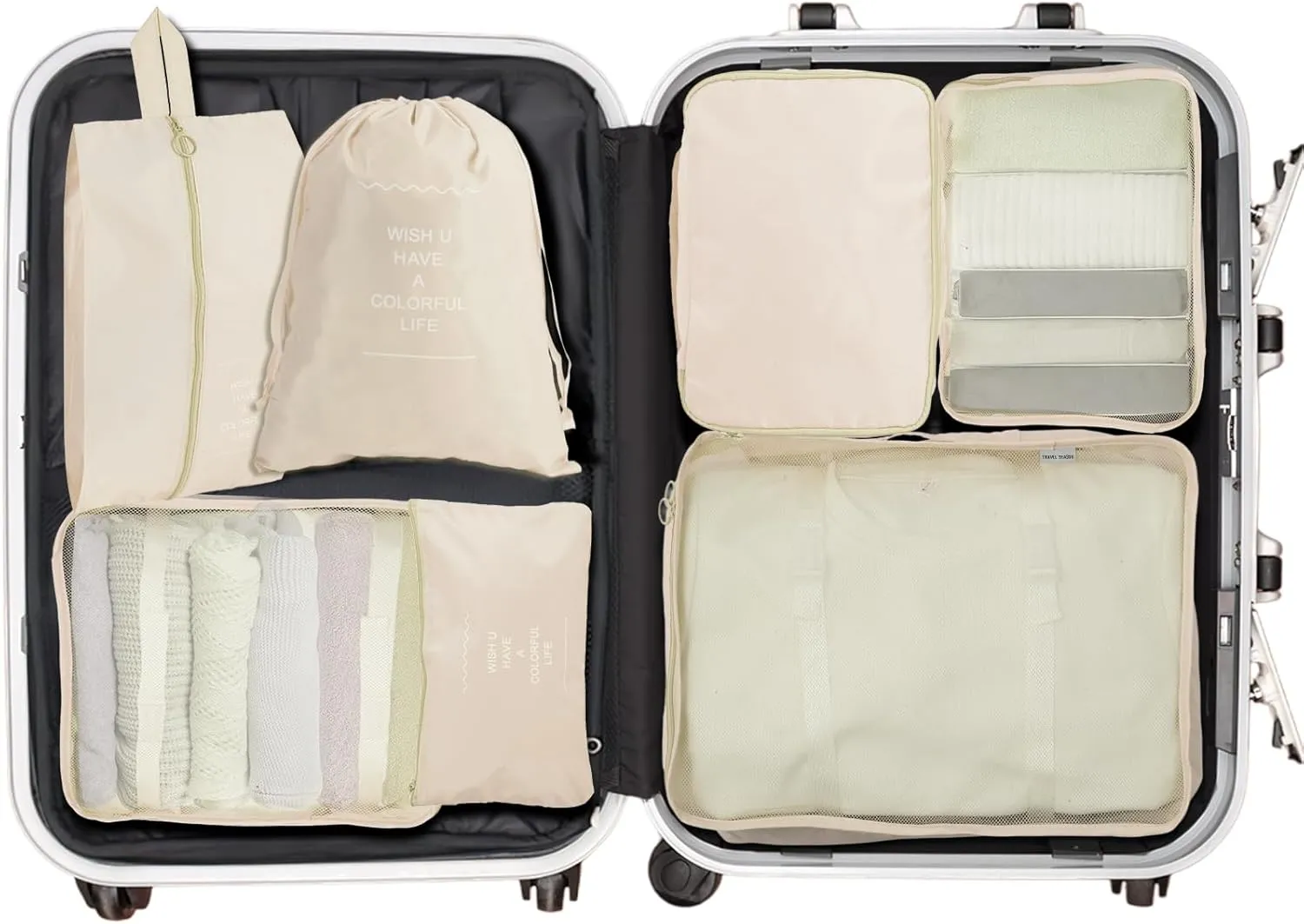 7 PCS Packing Cubes for Suitcases, Travel Luggage Organizers Bags Packing Cube Waterproof Travel Essentials Bag Packing Cubes for Clothes Shoes Storage Bags, Beige