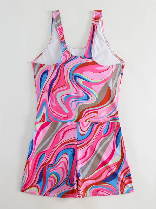 All-over printed sports one-piece sleeveless swimsuit