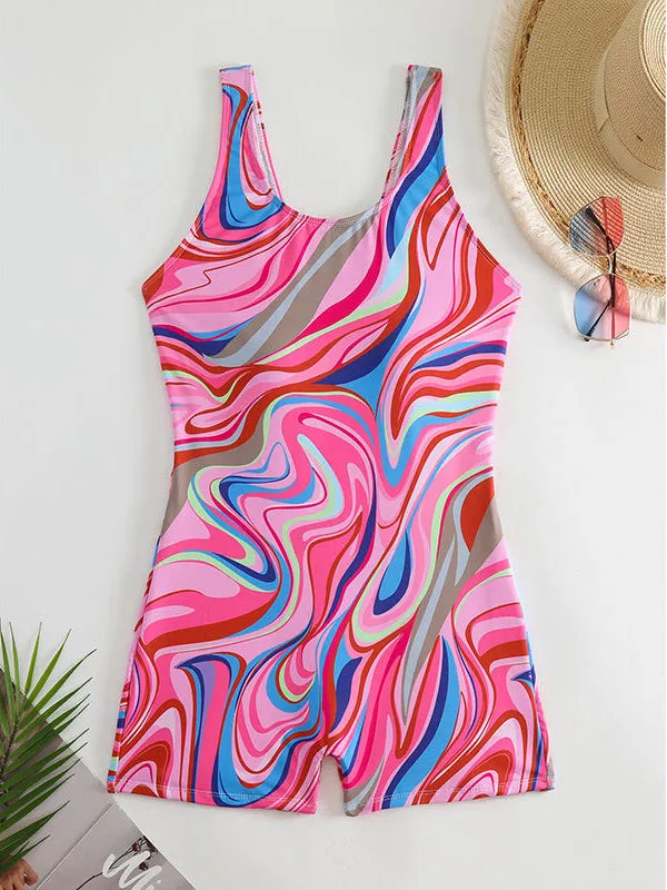 All-over printed sports one-piece sleeveless swimsuit