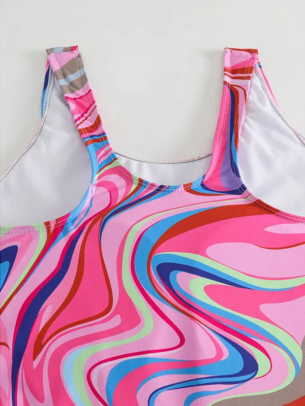 All-over printed sports one-piece sleeveless swimsuit