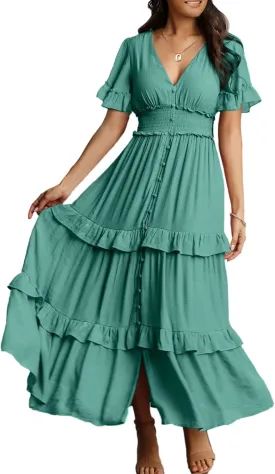 Amegoya Women's V Neck Long Sleeve Boho Maxi Dress Summer Wedding Guest Long Flowy Engagement Dresses