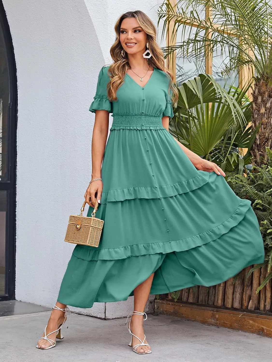 Amegoya Women's V Neck Long Sleeve Boho Maxi Dress Summer Wedding Guest Long Flowy Engagement Dresses