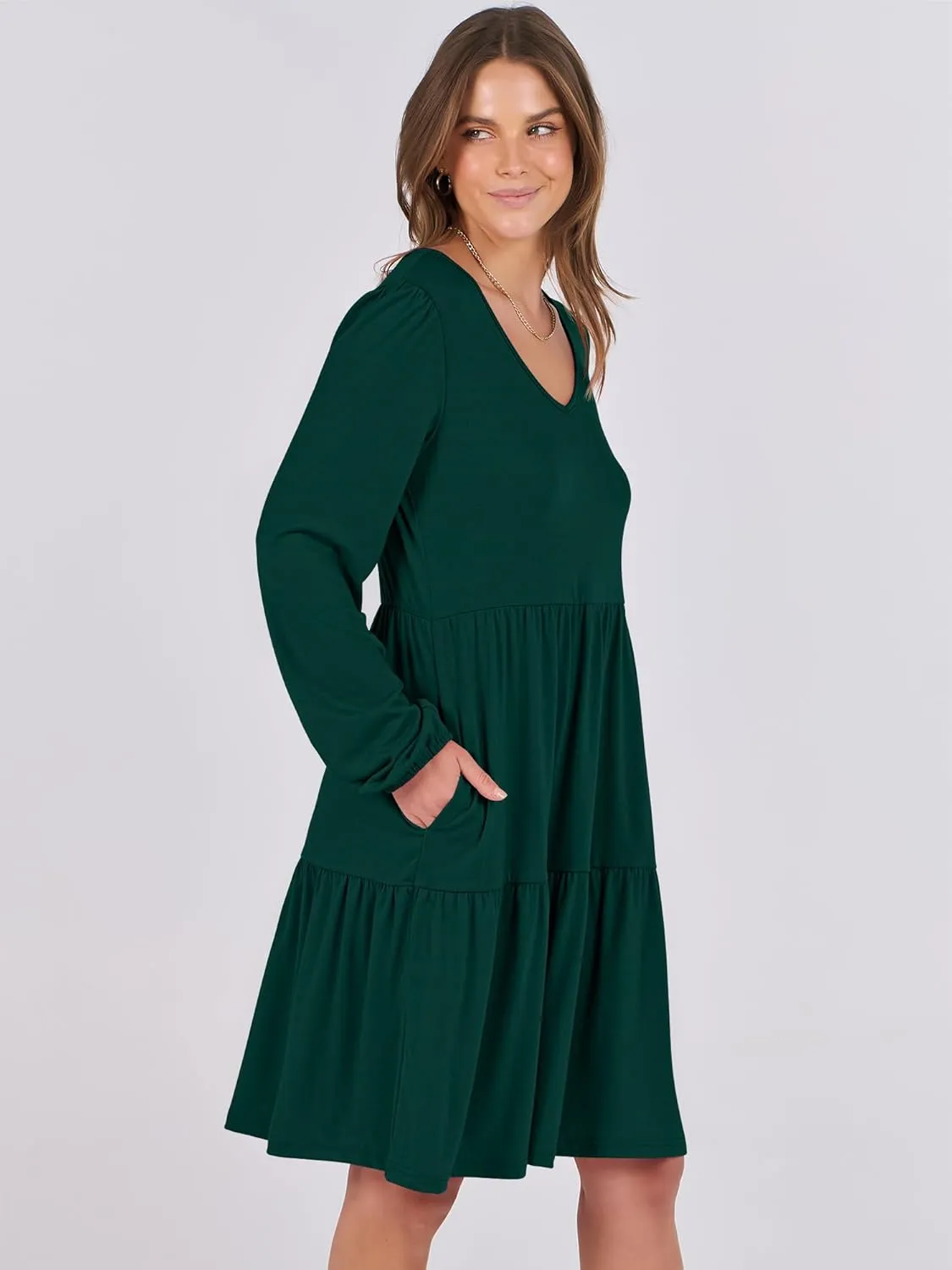 ANRABESS Women's Casual Long Sleeve V Neck Tiered Swing Flowy Loose A-line Cute Mini Short Spring Fall Dress