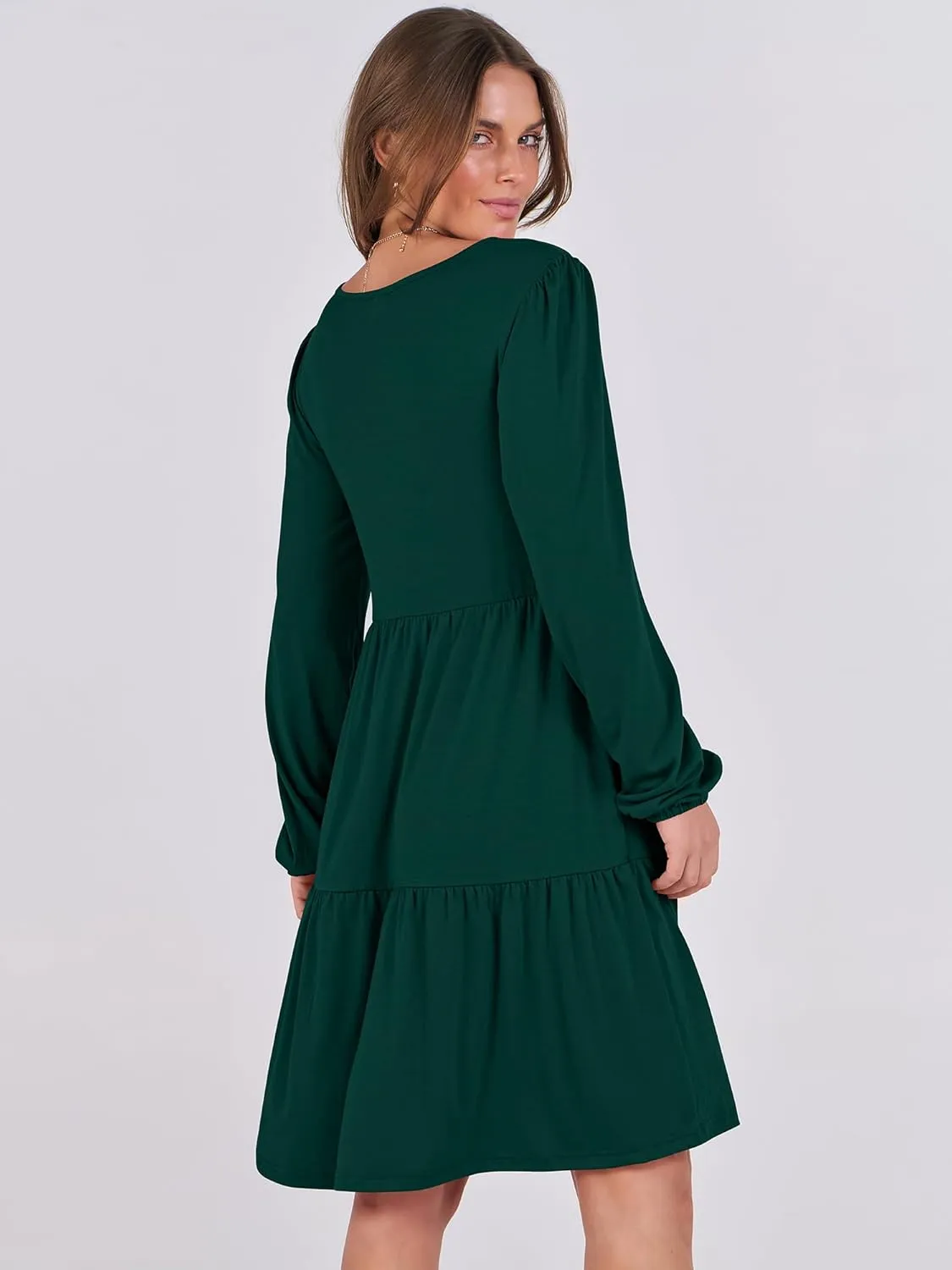 ANRABESS Women's Casual Long Sleeve V Neck Tiered Swing Flowy Loose A-line Cute Mini Short Spring Fall Dress