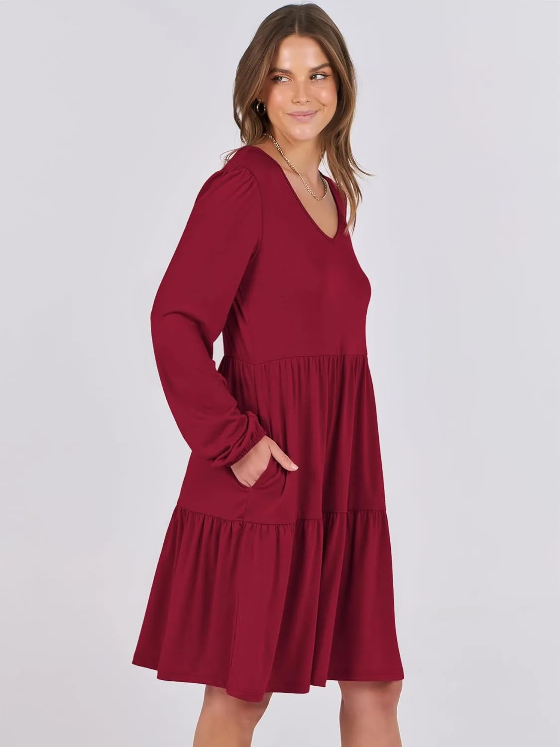ANRABESS Women's Casual Long Sleeve V Neck Tiered Swing Flowy Loose A-line Cute Mini Short Spring Fall Dress