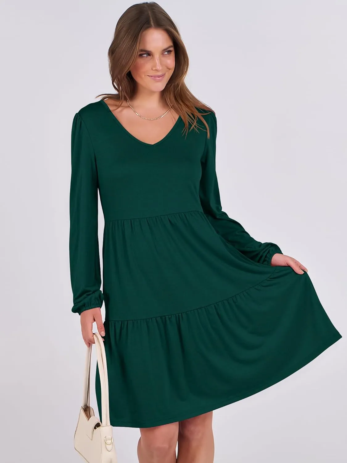 ANRABESS Women's Casual Long Sleeve V Neck Tiered Swing Flowy Loose A-line Cute Mini Short Spring Fall Dress