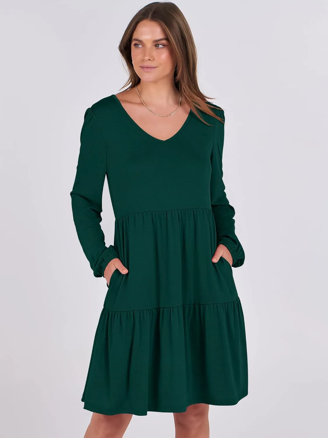ANRABESS Women's Casual Long Sleeve V Neck Tiered Swing Flowy Loose A-line Cute Mini Short Spring Fall Dress
