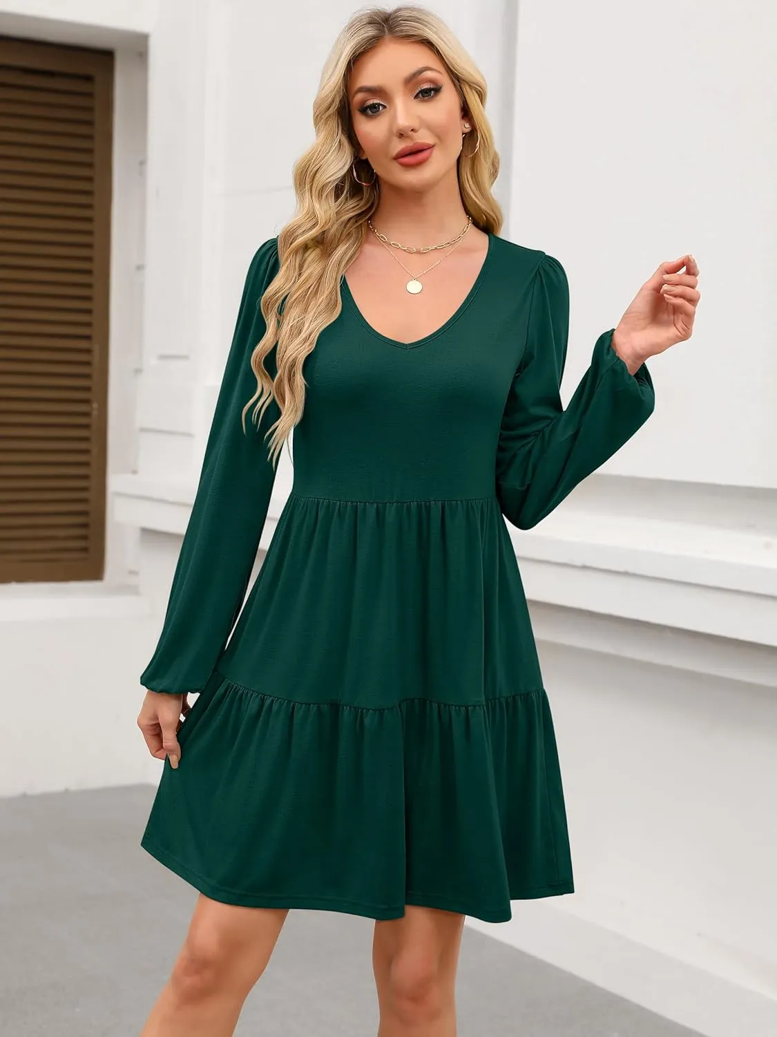 ANRABESS Women's Casual Long Sleeve V Neck Tiered Swing Flowy Loose A-line Cute Mini Short Spring Fall Dress