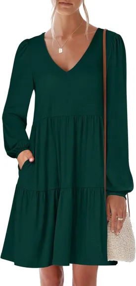 ANRABESS Women's Casual Long Sleeve V Neck Tiered Swing Flowy Loose A-line Cute Mini Short Spring Fall Dress
