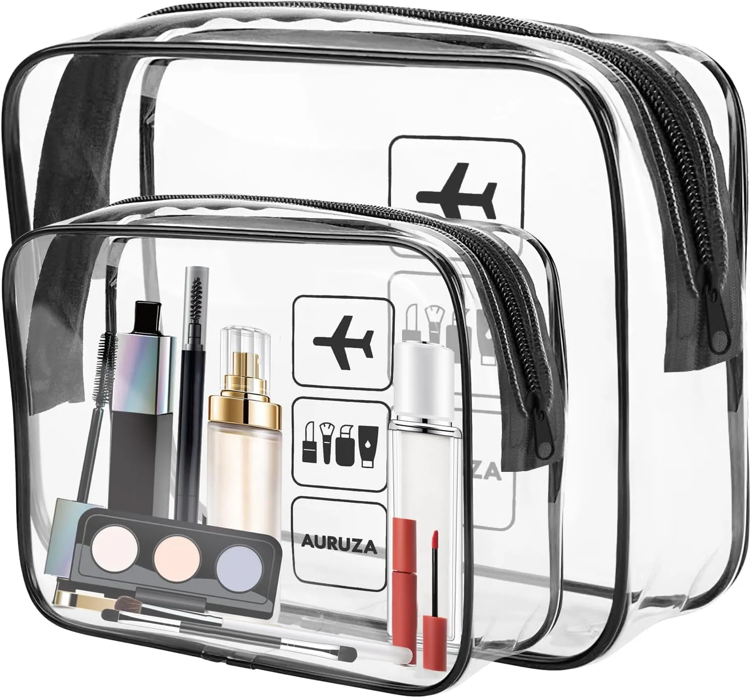 AURUZA 2 Pack TSA Approved Toiletry Bag, Clear Makeup Bag,Travel Cosmetic Bag with Zipper,Clear Organizer Carry on Bag for Women,PVC Cosmetic Pouch for Airport Airline Compliant (Black)
