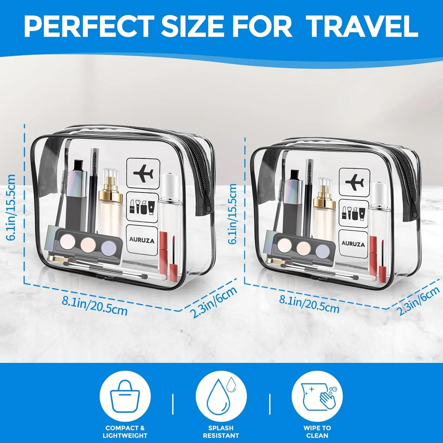 AURUZA 2 Pack TSA Approved Toiletry Bag, Clear Makeup Bag,Travel Cosmetic Bag with Zipper,Clear Organizer Carry on Bag for Women,PVC Cosmetic Pouch for Airport Airline Compliant (Black)