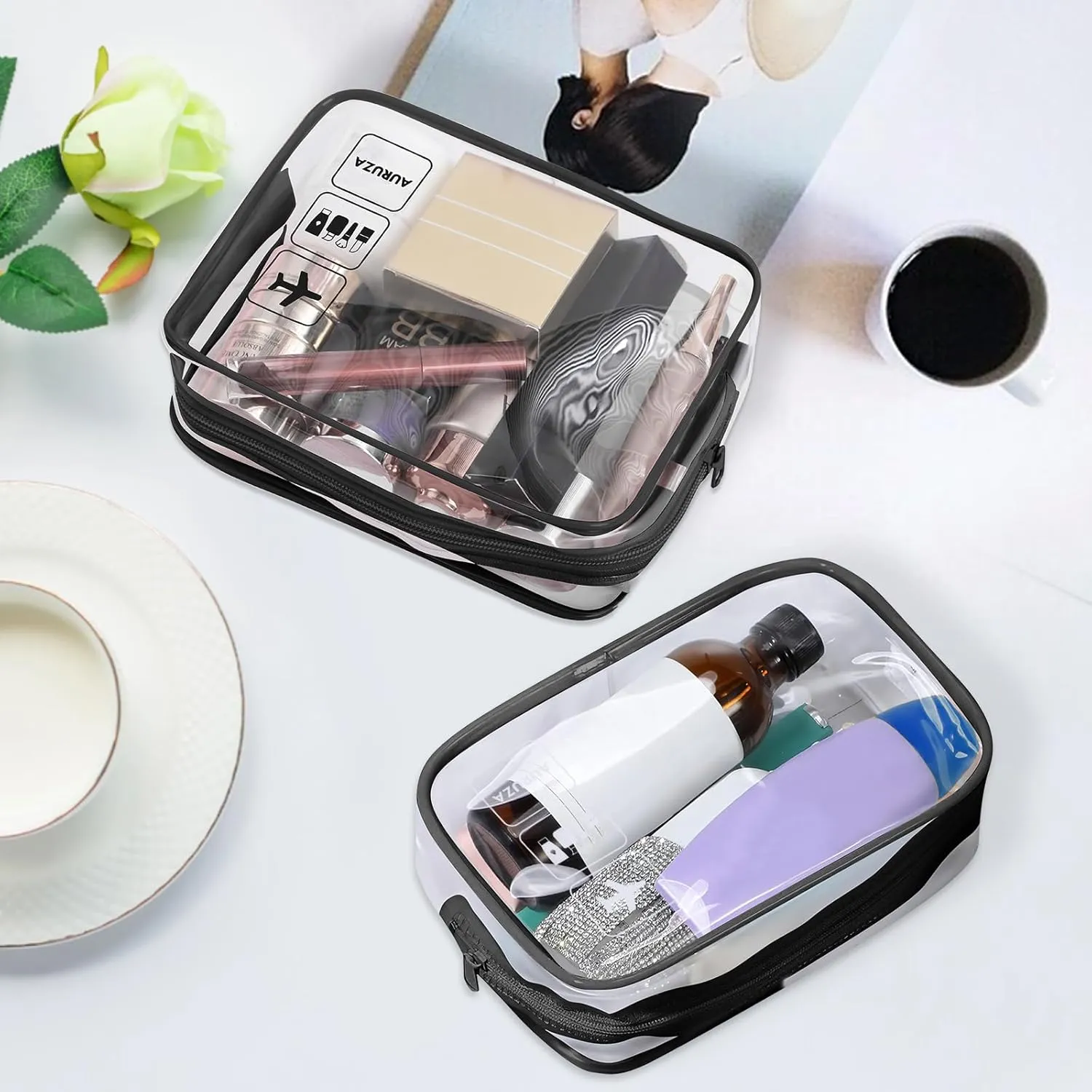 AURUZA 2 Pack TSA Approved Toiletry Bag, Clear Makeup Bag,Travel Cosmetic Bag with Zipper,Clear Organizer Carry on Bag for Women,PVC Cosmetic Pouch for Airport Airline Compliant (Black)