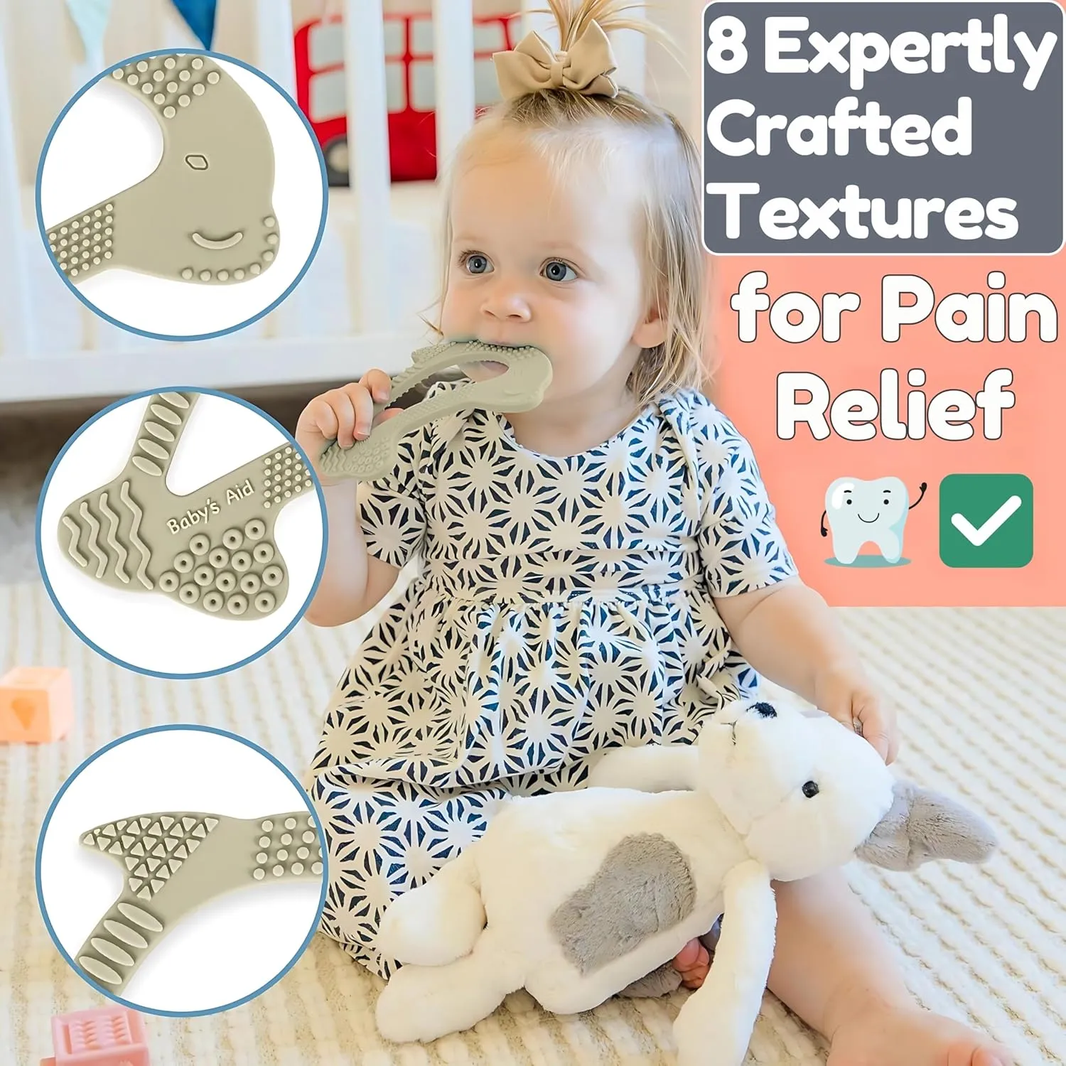 Baby Silicone Teething Toy | 8 Pain Relief Textures, Dolphin-Shape | Easy to Hold Silicone Teether for Babies, BPA-Free Baby Teether Ring, Infant Chew Toy, Newborn Teething Relief Toy - Babys Aid
