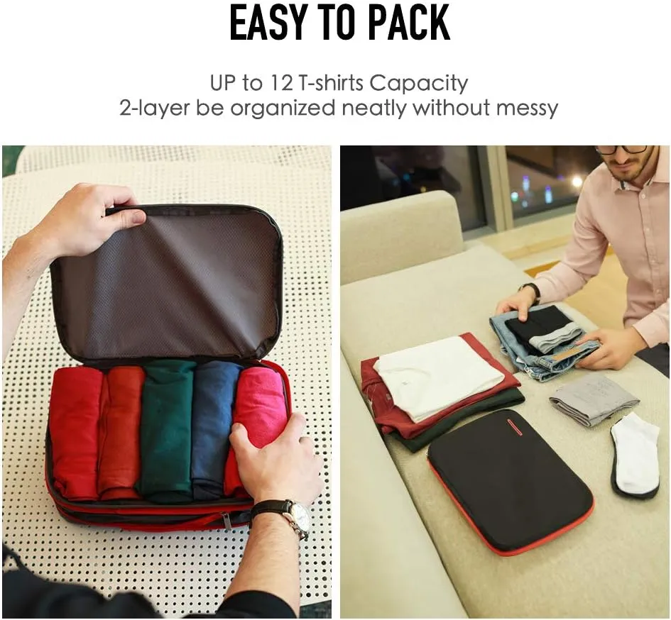 BeeNesting Waterproof Compression Packing Cubes 5/6/8 sets, Large Travel Packing organizers for Carry on Luggage, 2 Sides Expandable Storage Bags (Black Red, 9L)