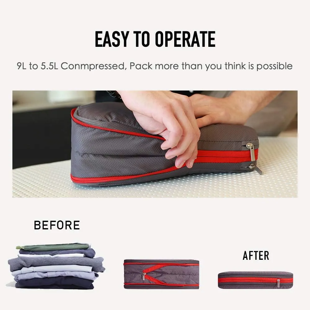 BeeNesting Waterproof Compression Packing Cubes 5/6/8 sets, Large Travel Packing organizers for Carry on Luggage, 2 Sides Expandable Storage Bags (Black Red, 9L)