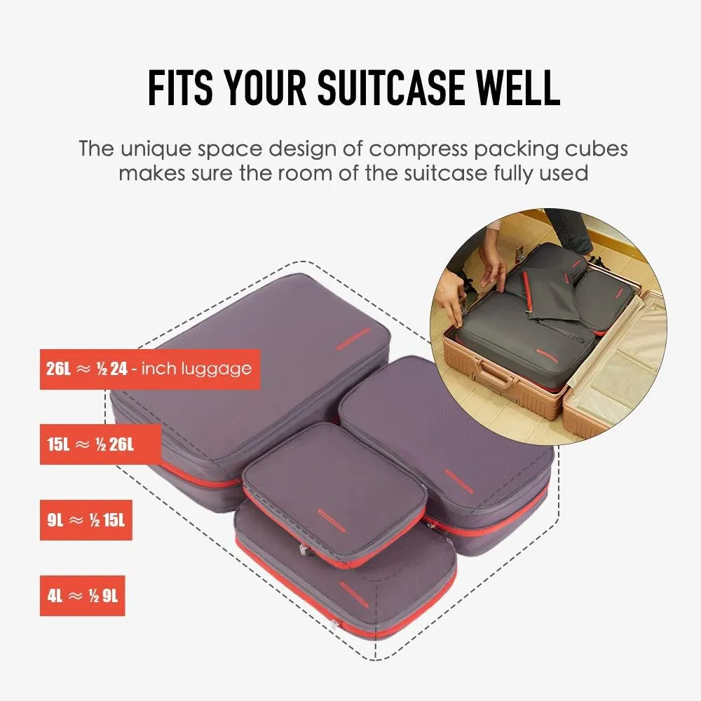 BeeNesting Waterproof Compression Packing Cubes 5/6/8 sets, Large Travel Packing organizers for Carry on Luggage, 2 Sides Expandable Storage Bags (Black Red, 9L)