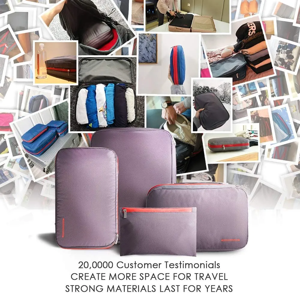 BeeNesting Waterproof Compression Packing Cubes 5/6/8 sets, Large Travel Packing organizers for Carry on Luggage, 2 Sides Expandable Storage Bags (Black Red, 9L)