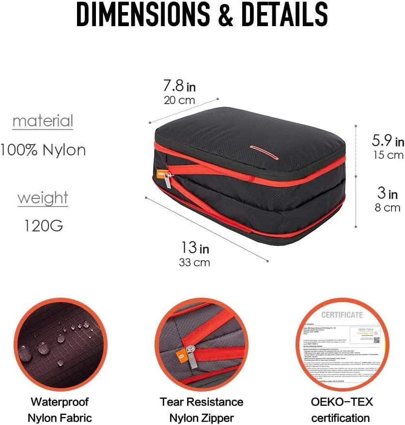 BeeNesting Waterproof Compression Packing Cubes 5/6/8 sets, Large Travel Packing organizers for Carry on Luggage, 2 Sides Expandable Storage Bags (Black Red, 9L)