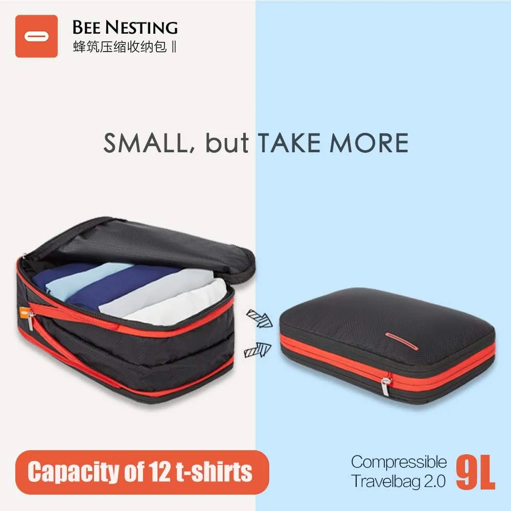 BeeNesting Waterproof Compression Packing Cubes 5/6/8 sets, Large Travel Packing organizers for Carry on Luggage, 2 Sides Expandable Storage Bags (Black Red, 9L)