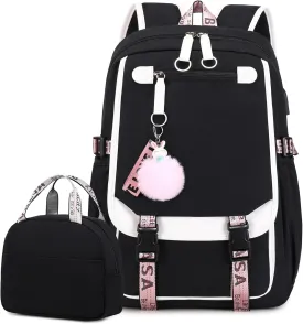 Bevalsa School Backpack for Girls, Girls Backpack with Lunch Box, Bookbag for Kids Elementary Middle School Student 21L Children Schoolbag