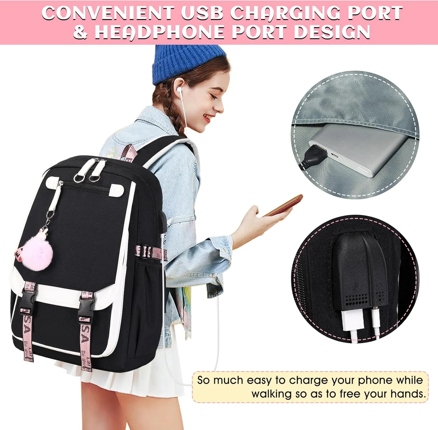 Bevalsa School Backpack for Girls, Girls Backpack with Lunch Box, Bookbag for Kids Elementary Middle School Student 21L Children Schoolbag