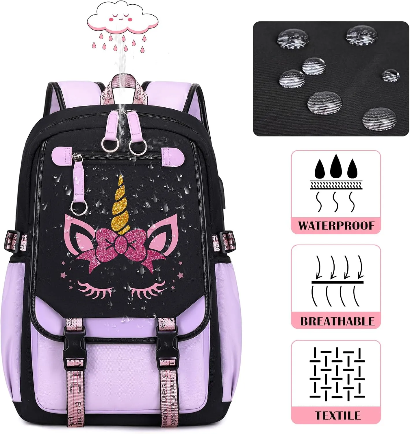 Bevalsa School Backpack for Girls, Purple Unicorn Girls Backpack with Lunch Box, Bookbag for Kids Elementary Middle Student
