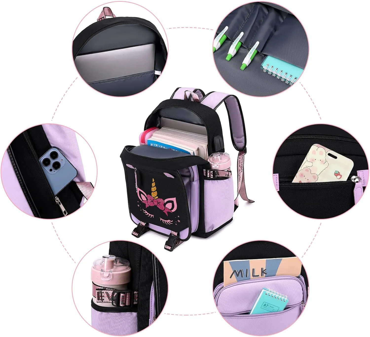 Bevalsa School Backpack for Girls, Purple Unicorn Girls Backpack with Lunch Box, Bookbag for Kids Elementary Middle Student