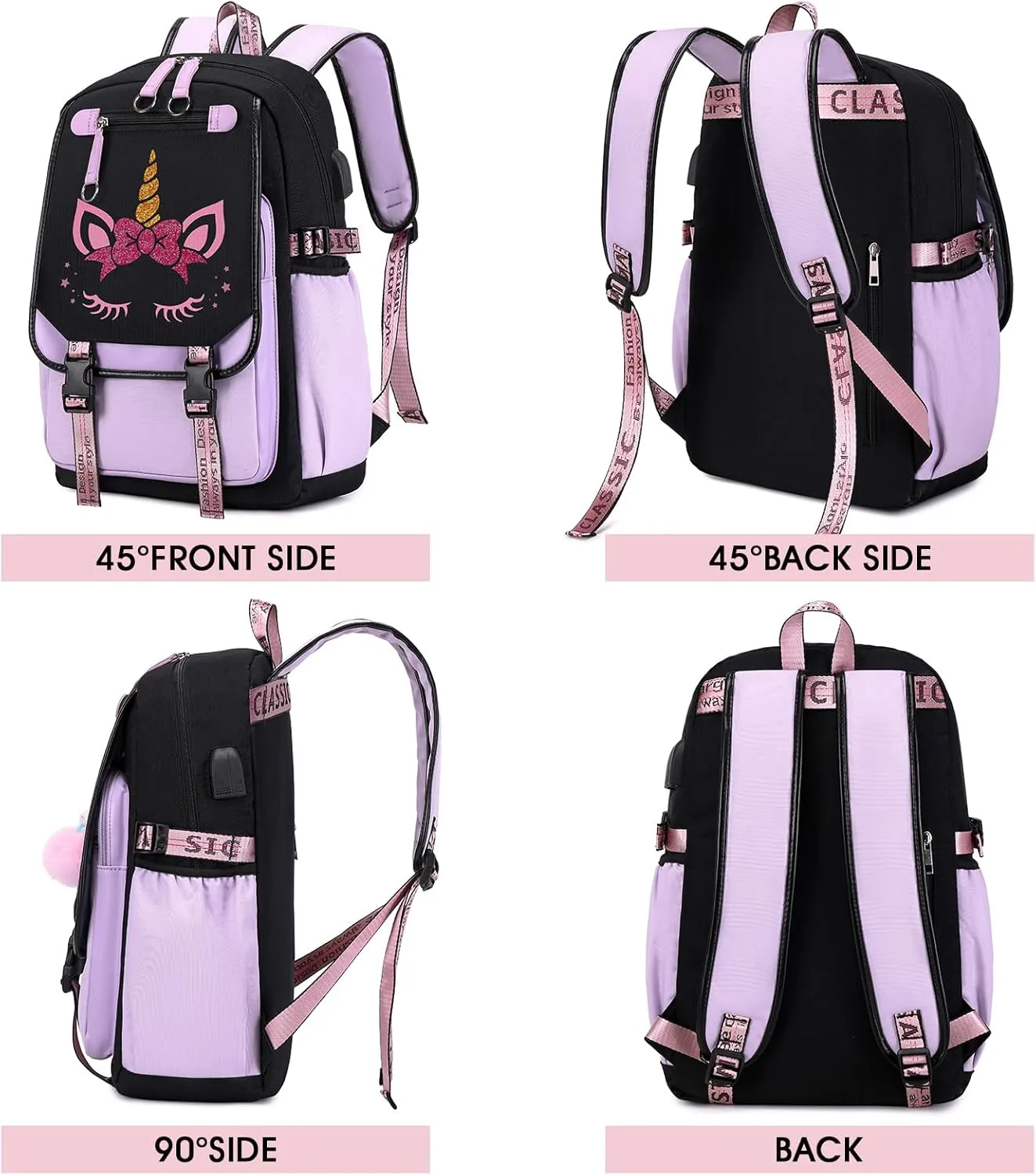 Bevalsa School Backpack for Girls, Purple Unicorn Girls Backpack with Lunch Box, Bookbag for Kids Elementary Middle Student