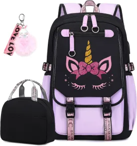 Bevalsa School Backpack for Girls, Purple Unicorn Girls Backpack with Lunch Box, Bookbag for Kids Elementary Middle Student