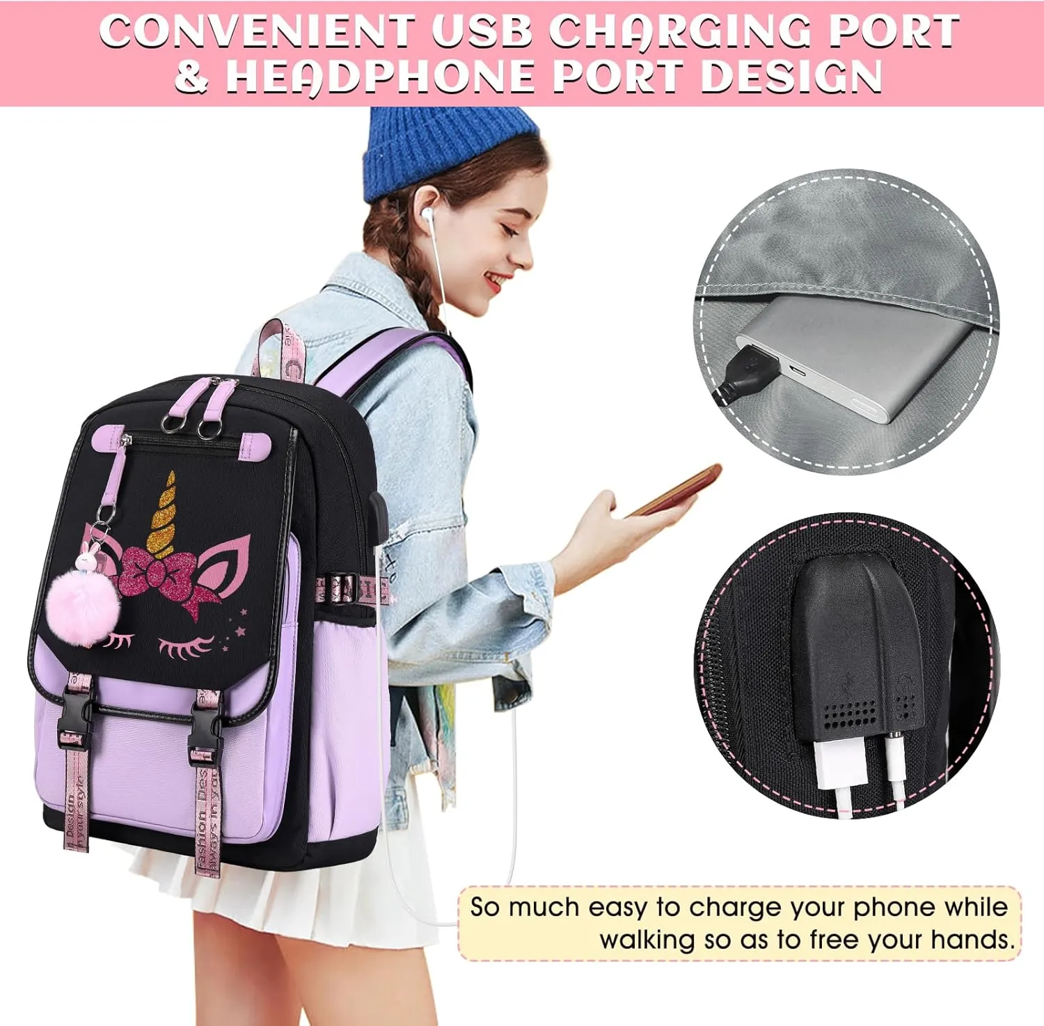 Bevalsa School Backpack for Girls, Purple Unicorn Girls Backpack with Lunch Box, Bookbag for Kids Elementary Middle Student