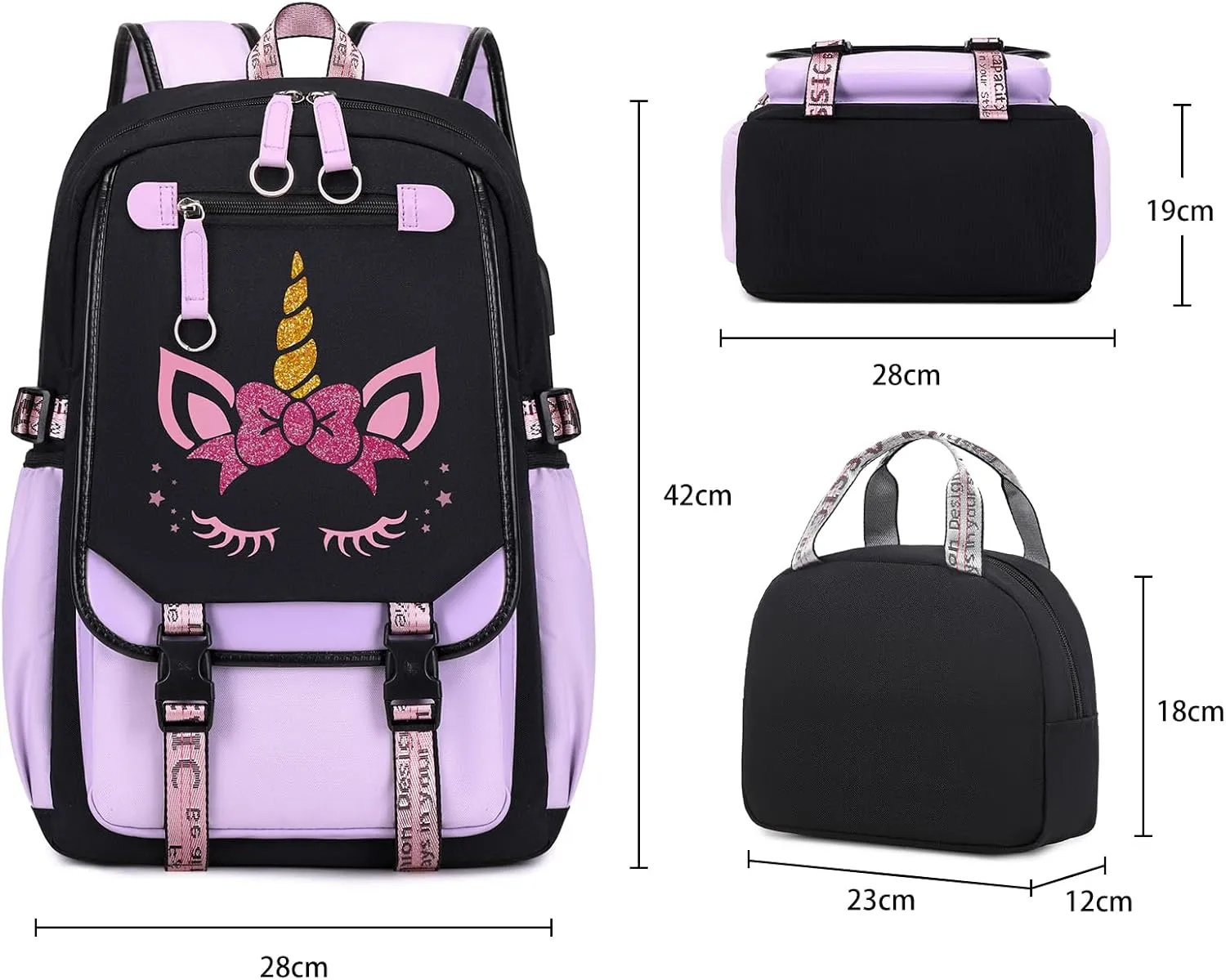 Bevalsa School Backpack for Girls, Purple Unicorn Girls Backpack with Lunch Box, Bookbag for Kids Elementary Middle Student