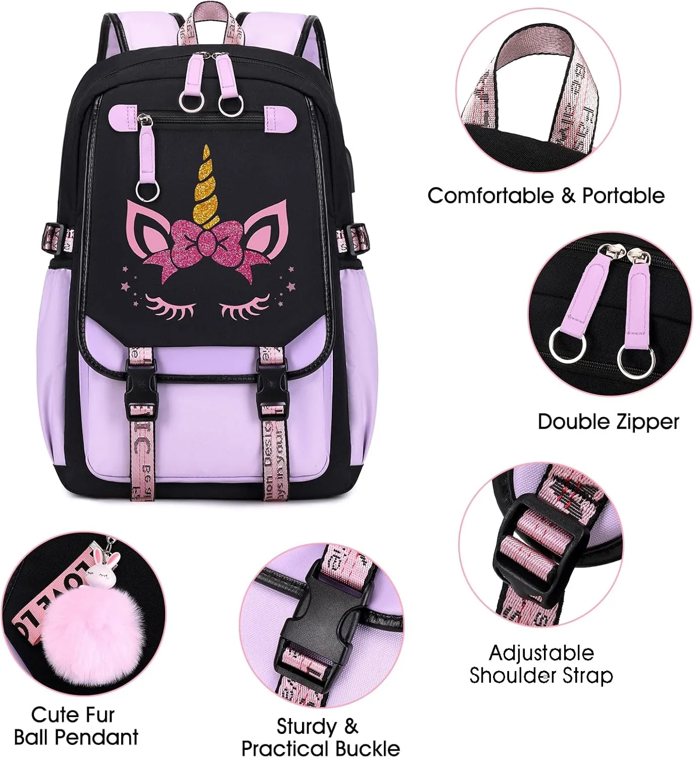 Bevalsa School Backpack for Girls, Purple Unicorn Girls Backpack with Lunch Box, Bookbag for Kids Elementary Middle Student