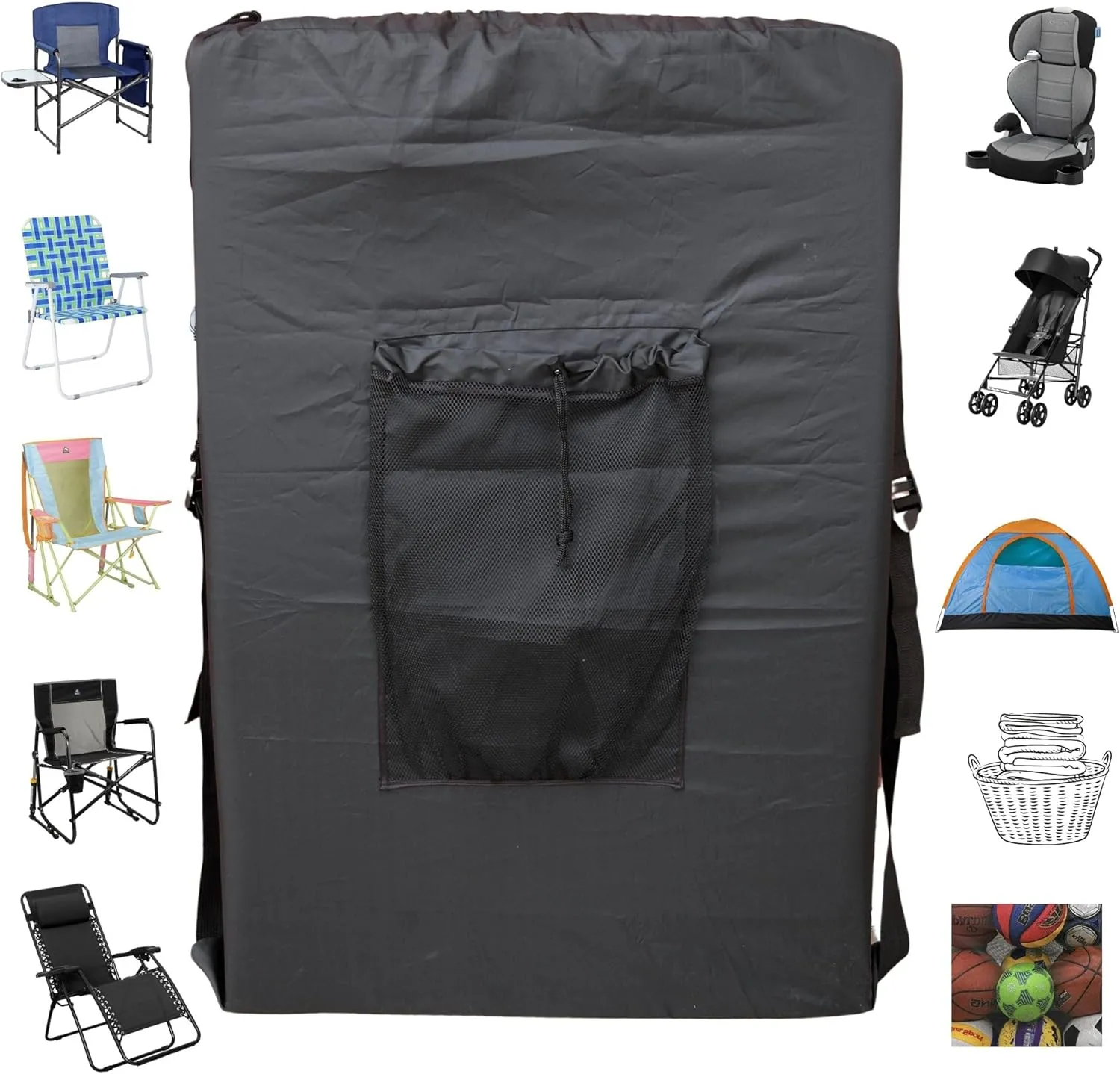 BLACK (Large 36"x24"x6") Beach Chair Bag, Laundry Bag. For Lawn Chair, Recliner, Director Chair, Camping Chair, Booster Car Seat. 420D Polyester Backpack w/Adjustable Straps & Mesh Pocket