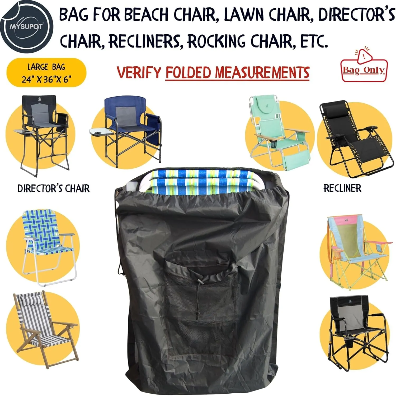 BLACK (Large 36"x24"x6") Beach Chair Bag, Laundry Bag. For Lawn Chair, Recliner, Director Chair, Camping Chair, Booster Car Seat. 420D Polyester Backpack w/Adjustable Straps & Mesh Pocket