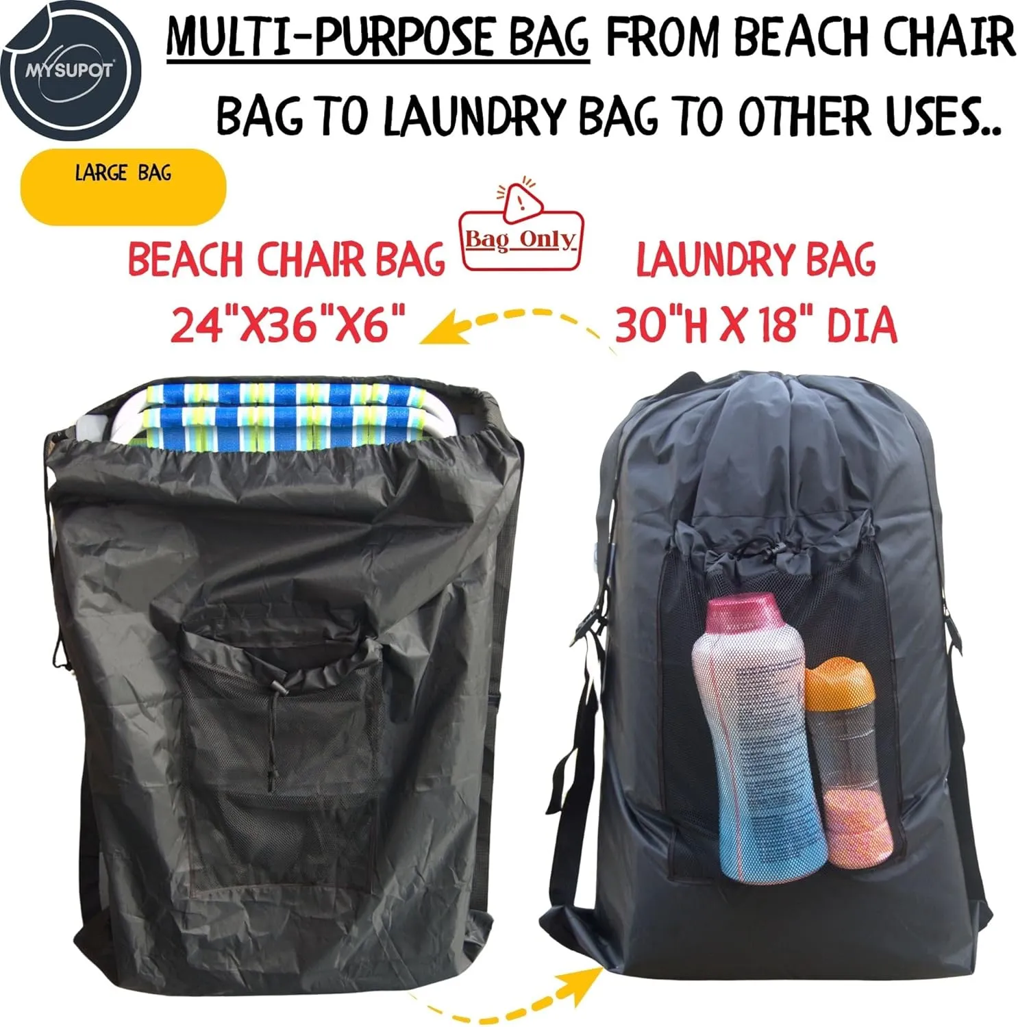 BLACK (Large 36"x24"x6") Beach Chair Bag, Laundry Bag. For Lawn Chair, Recliner, Director Chair, Camping Chair, Booster Car Seat. 420D Polyester Backpack w/Adjustable Straps & Mesh Pocket