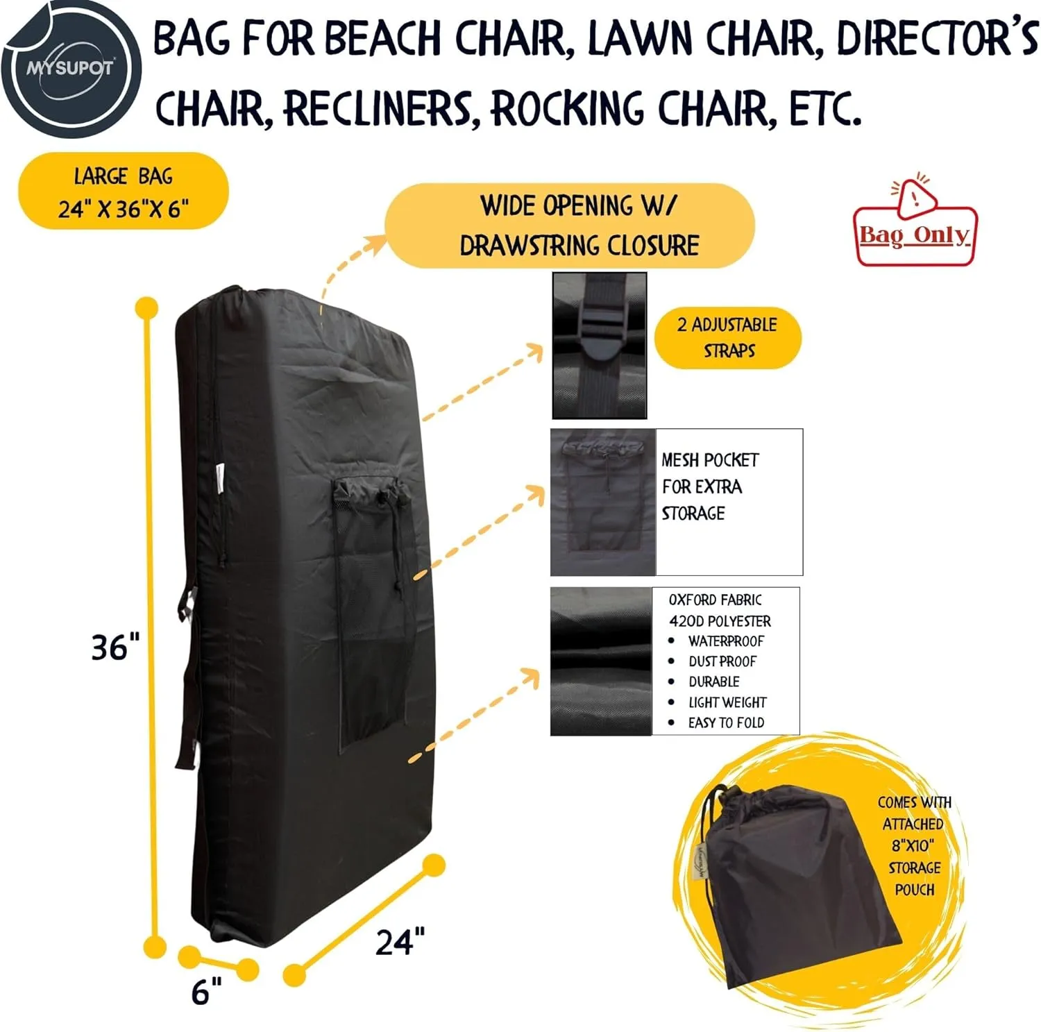 BLACK (Large 36"x24"x6") Beach Chair Bag, Laundry Bag. For Lawn Chair, Recliner, Director Chair, Camping Chair, Booster Car Seat. 420D Polyester Backpack w/Adjustable Straps & Mesh Pocket