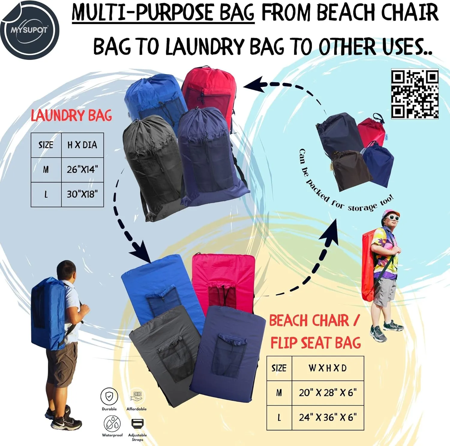 BLACK (Large 36"x24"x6") Beach Chair Bag, Laundry Bag. For Lawn Chair, Recliner, Director Chair, Camping Chair, Booster Car Seat. 420D Polyester Backpack w/Adjustable Straps & Mesh Pocket