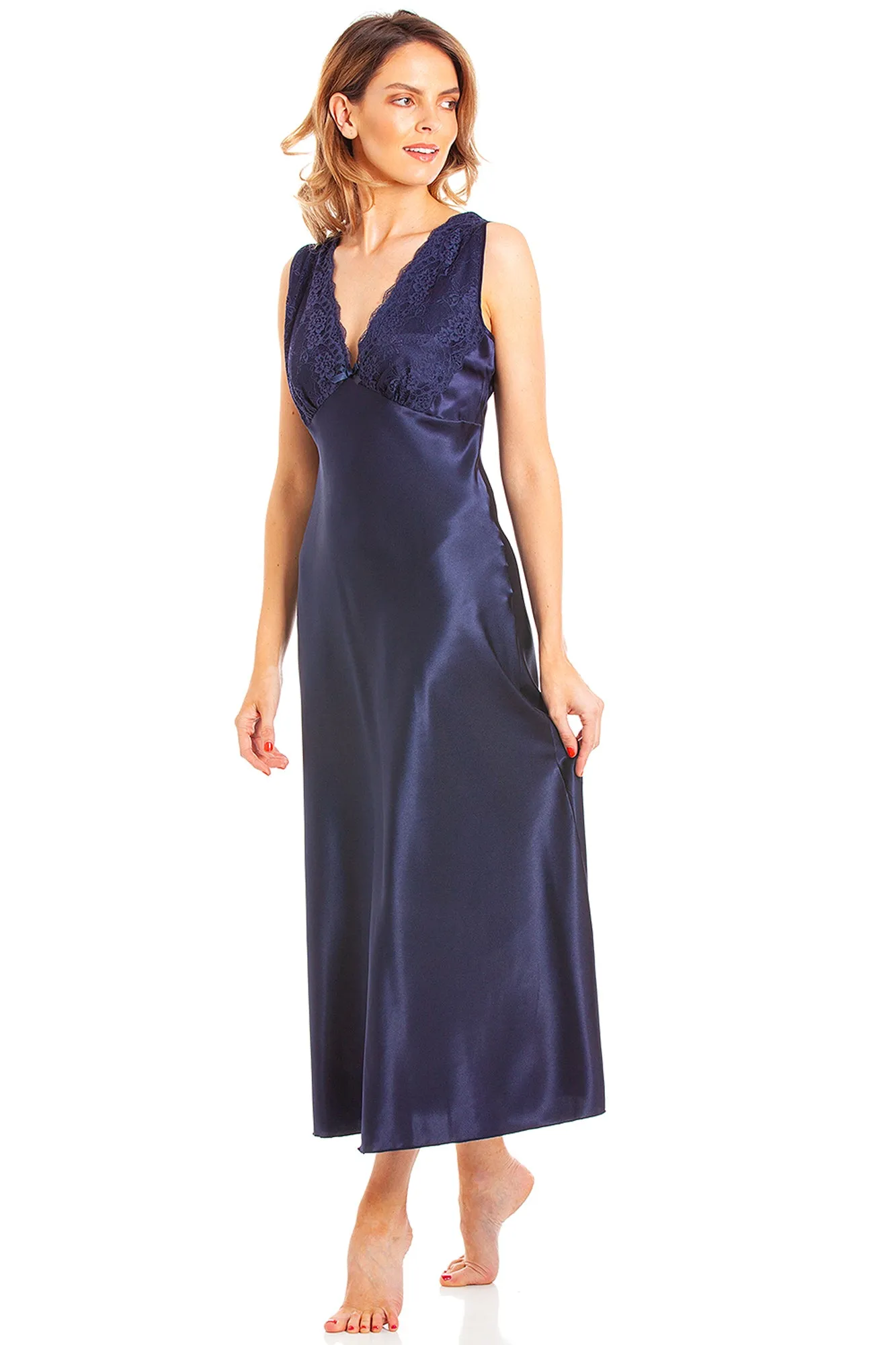 British Made Lady Olga Sleeveless Satin Nightdress With Lace Trim