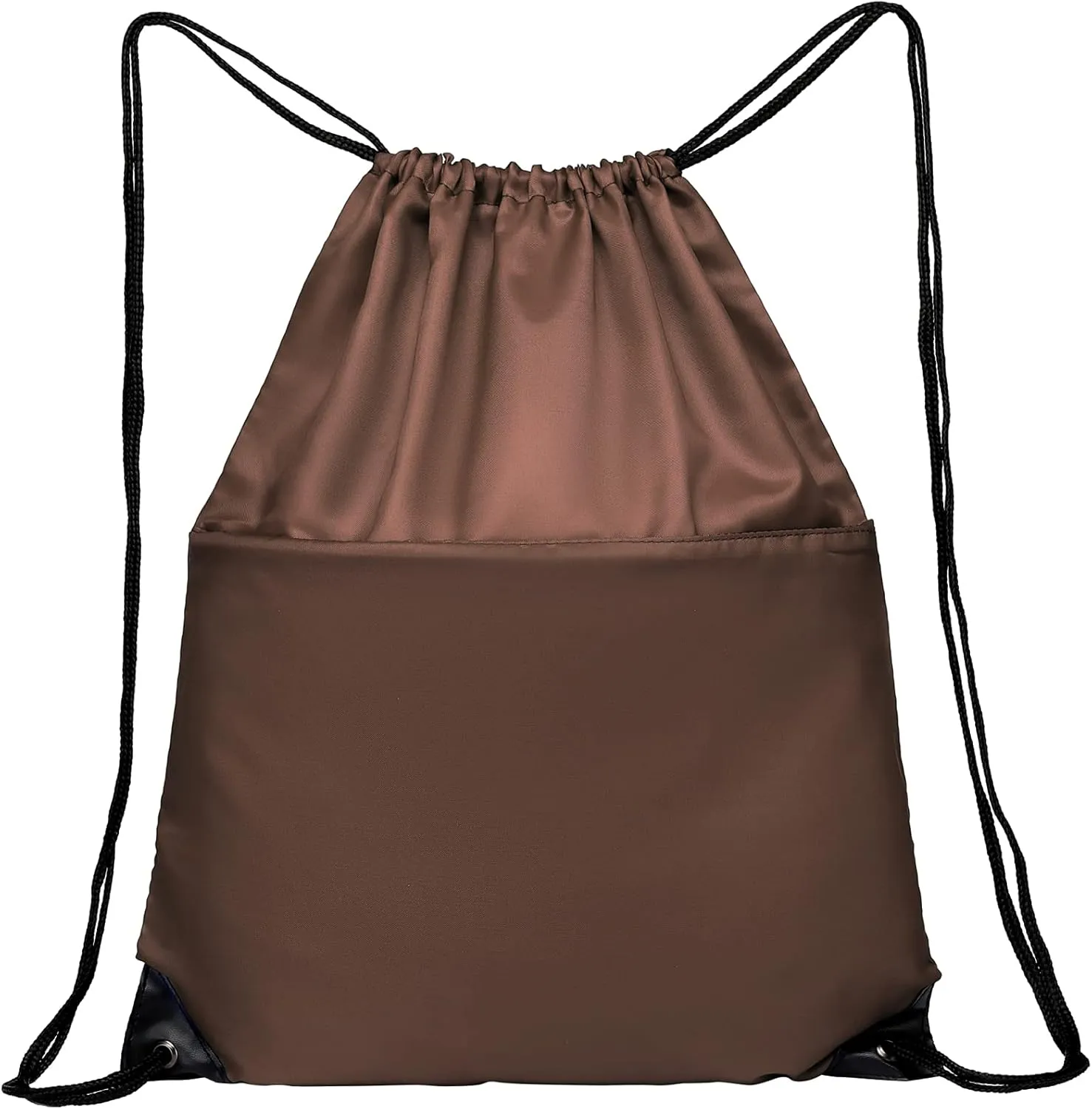 BuyAgain Drawstring Backpack Sports Water Resistant String Bag Sport Gym Sackpack for Women Men Students Large Size with Zipper, Brown