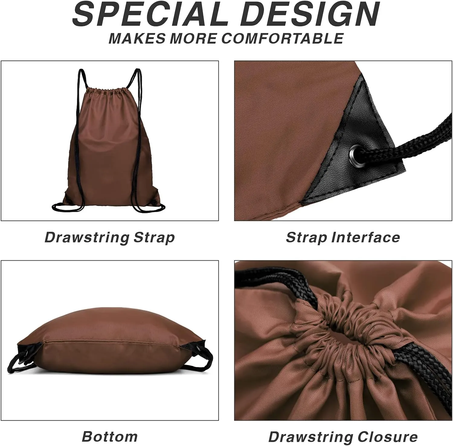 BuyAgain Drawstring Backpack Sports Water Resistant String Bag Sport Gym Sackpack for Women Men Students Large Size with Zipper, Brown