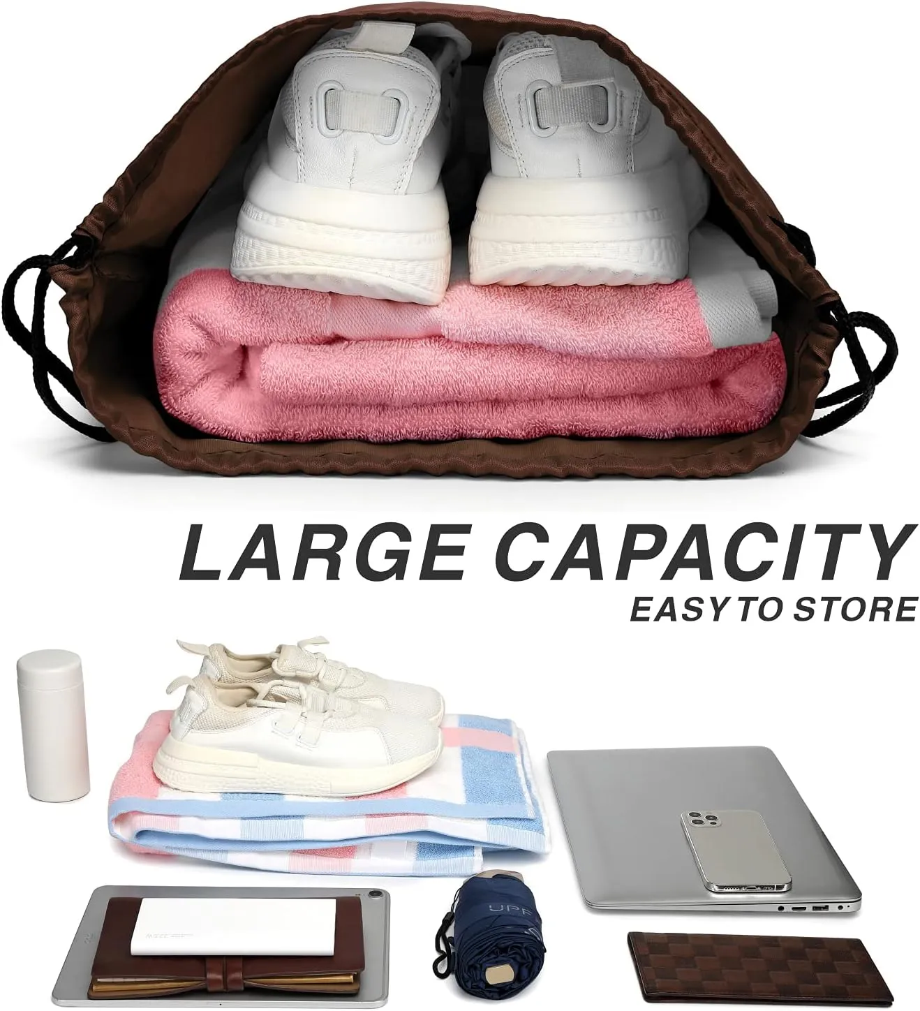 BuyAgain Drawstring Backpack Sports Water Resistant String Bag Sport Gym Sackpack for Women Men Students Large Size with Zipper, Brown