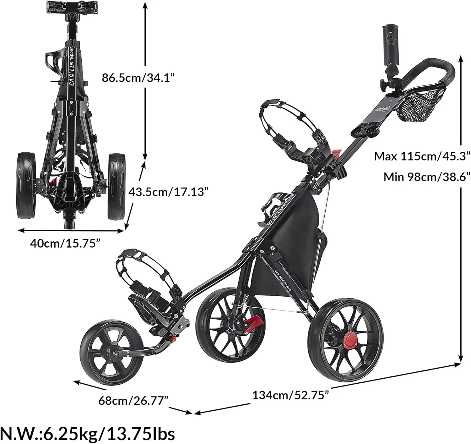 CaddyTek CaddyLite 11.5 Version 3 Golf Push Cart  3-Wheel, SuperLite Deluxe, Lightweight, Easy to Fold, Compact & Portable