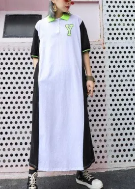 Chic patchwork cotton outfit POLO Collar Robe summer Dresses